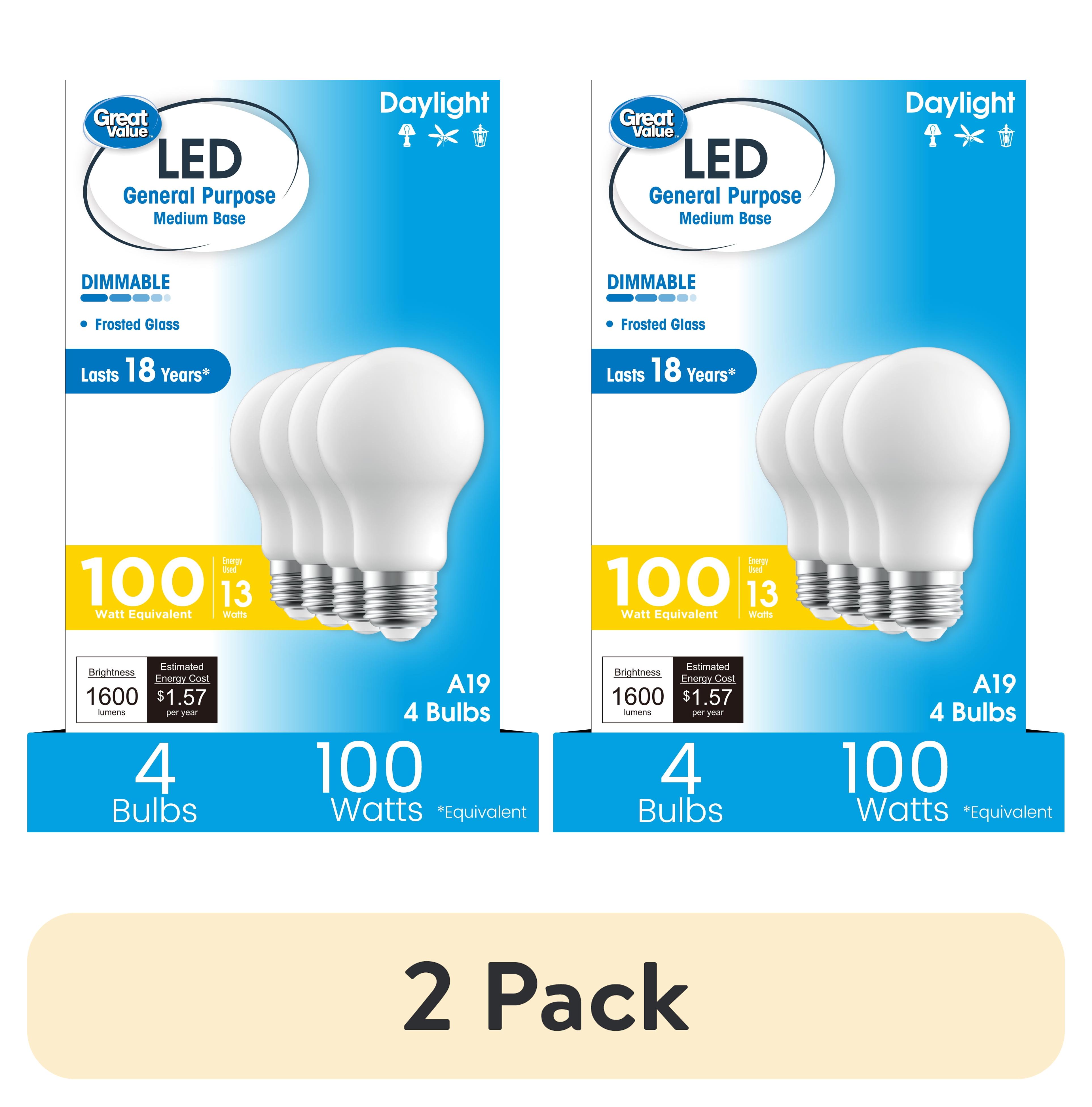 (2 pack) Great Value 18YR A19 LED Light Bulb, 13W (100W Equivalent) Dimmable Daylight E26 Medium Base (4 Pack)